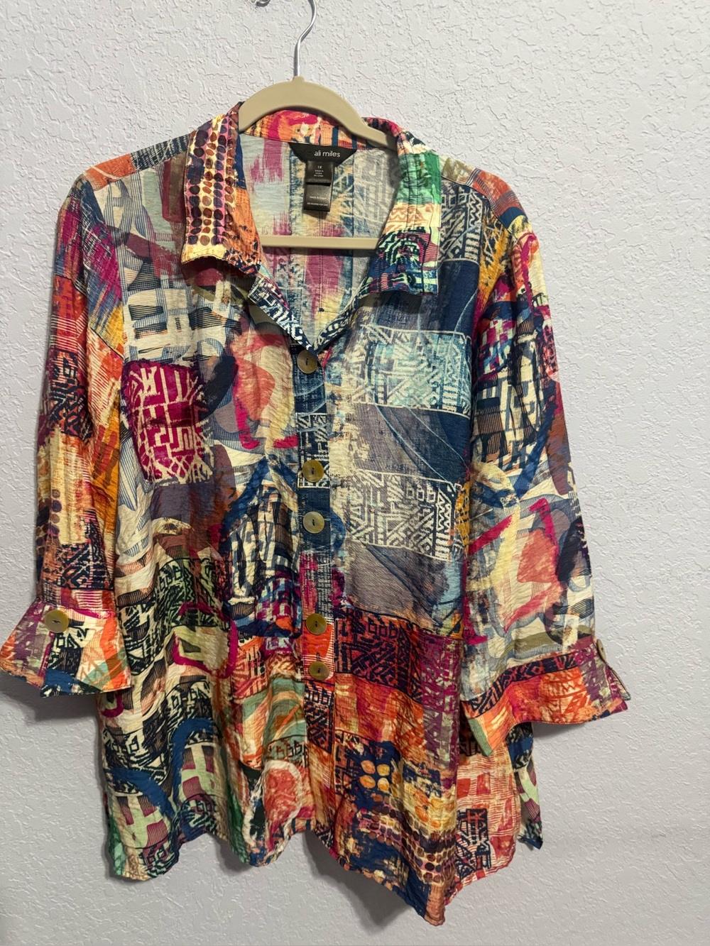 Ali Miles Multi-Color Art To Wear Patchwork Button-Up Shirt